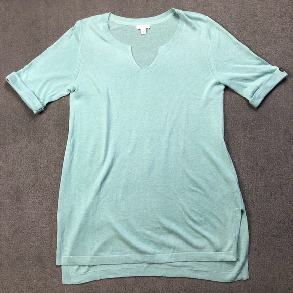 J Jill Aqua Short Cuffed Sleeve Linen Blend Knit Tunic Beachy Coastal size S - Picture 1 of 9